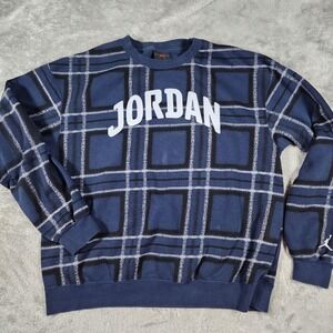 Jordan Sweater Mens Small Blue Plaid Crewneck Pullover Jumpman Logo Streetwear